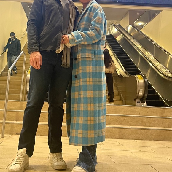 MSGM Blue Beige Checkered Long Wool Coat - Picture 5 of 5